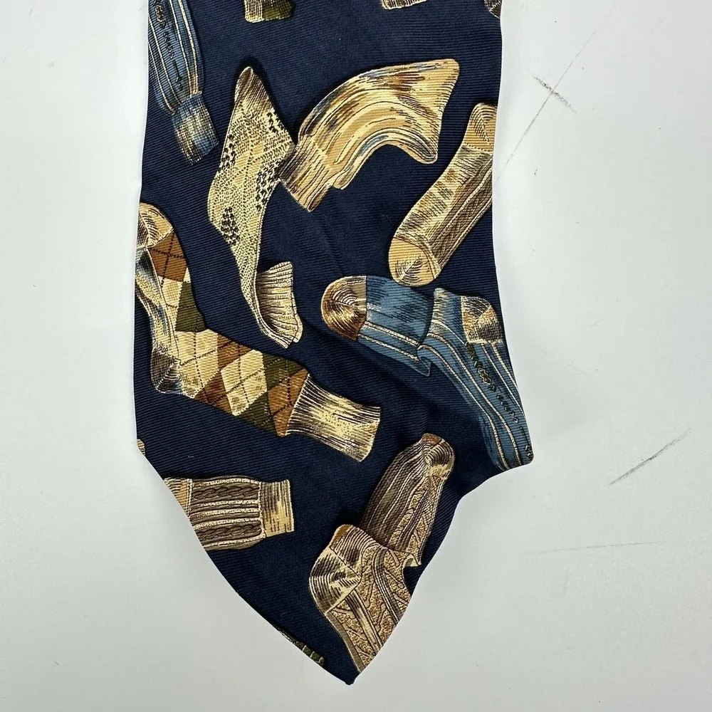 VTG Polo by Ralph Lauren Silk Tie Navy Gold Novelty Sock Print Hand Made In USA